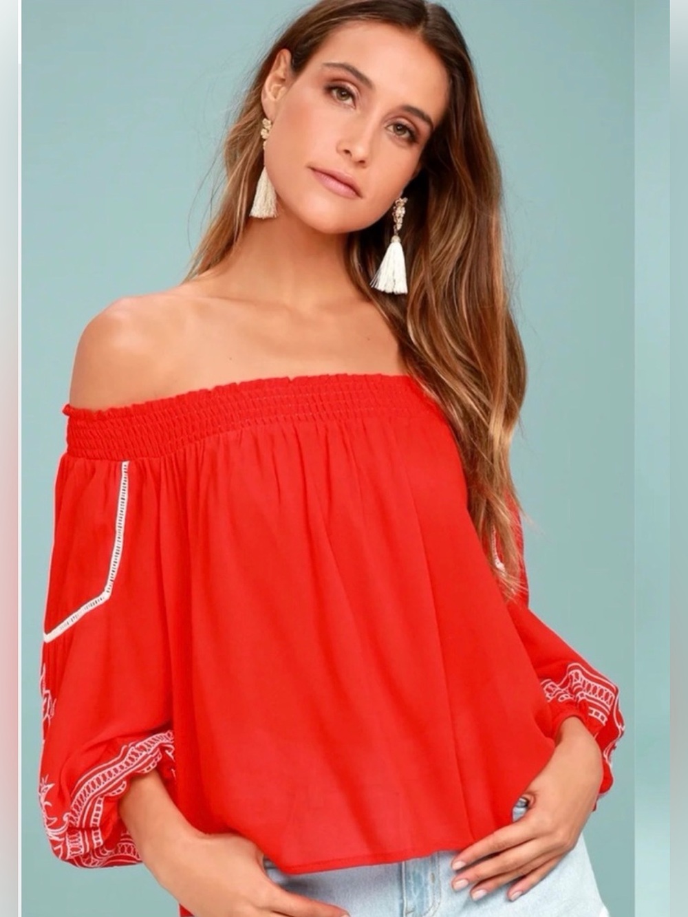 LUSH Red Off Shoulder Eyelet Embroidered Blouse Boho Balloon Sleeve Top M